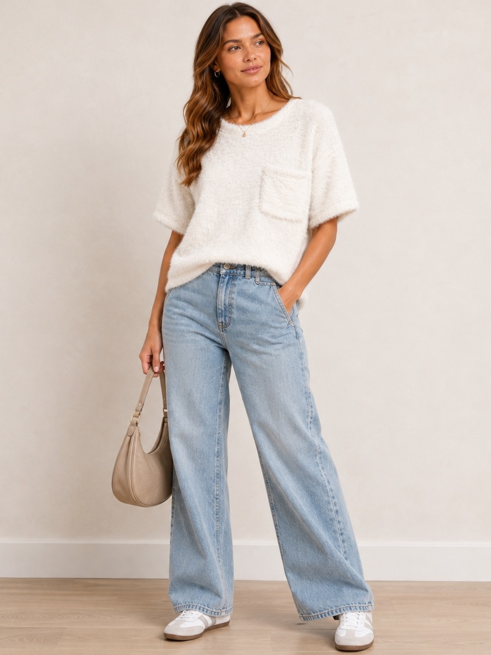 Anthropologie Ivory Fuzzy Short Sleeve Pocket Sweater Top, Size Large